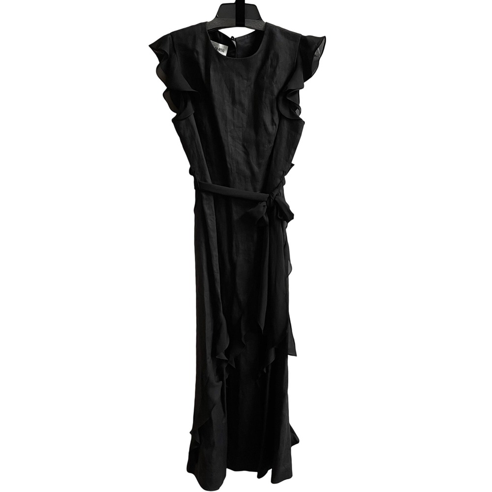 Sara Campbell LTD Long Black Linen Dress W Georgette Flounce Ruffle Belted Sz 10